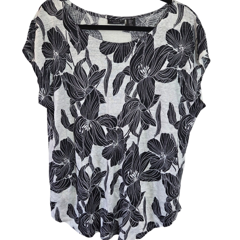 Tahari 100% Linen Top Short Sleeve‎ Scoop Neck Floral Lightweight XL